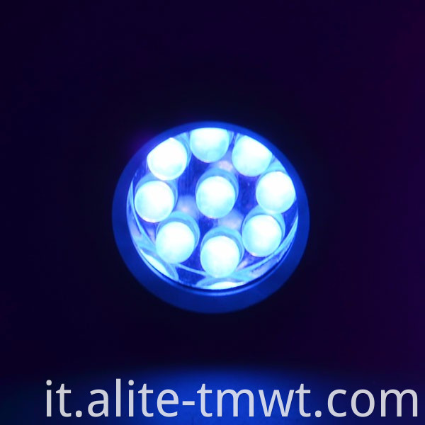 Flashlight UV a 9 LED all'ingrosso 365nm 385nm 395nm lunghezza d'onda in lega di alluminio mini topicarl cla.